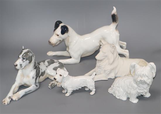 Two Bing & Grondahl dogs, two Augarten porcelain dogs and another (5)